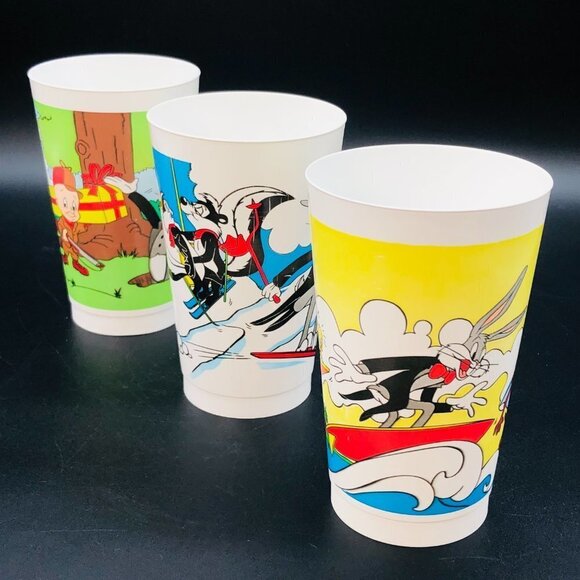 1990 Looney Tunes Plastic Tumblers Set of 3 Vintage McDonald's Coca Cola Cups - Picture 2 of 11
